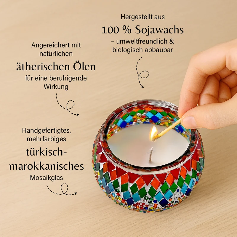 Handgefertigte Mosaikglas, mit Sojawachs-Duftkerze, 180g, 36 Std. Brenndauer, 8ml natürliches Öl, Rose