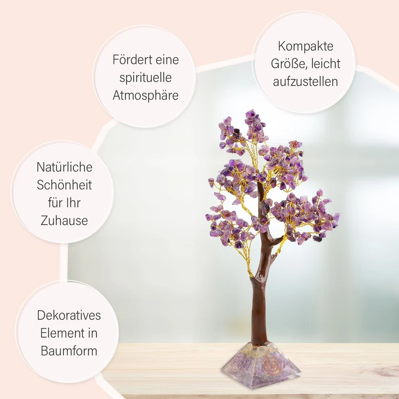 LIVMORE Edelsteinbaum mit Orgonit Basis, Amethyst, 23 cm, 230 Perlen, Lila