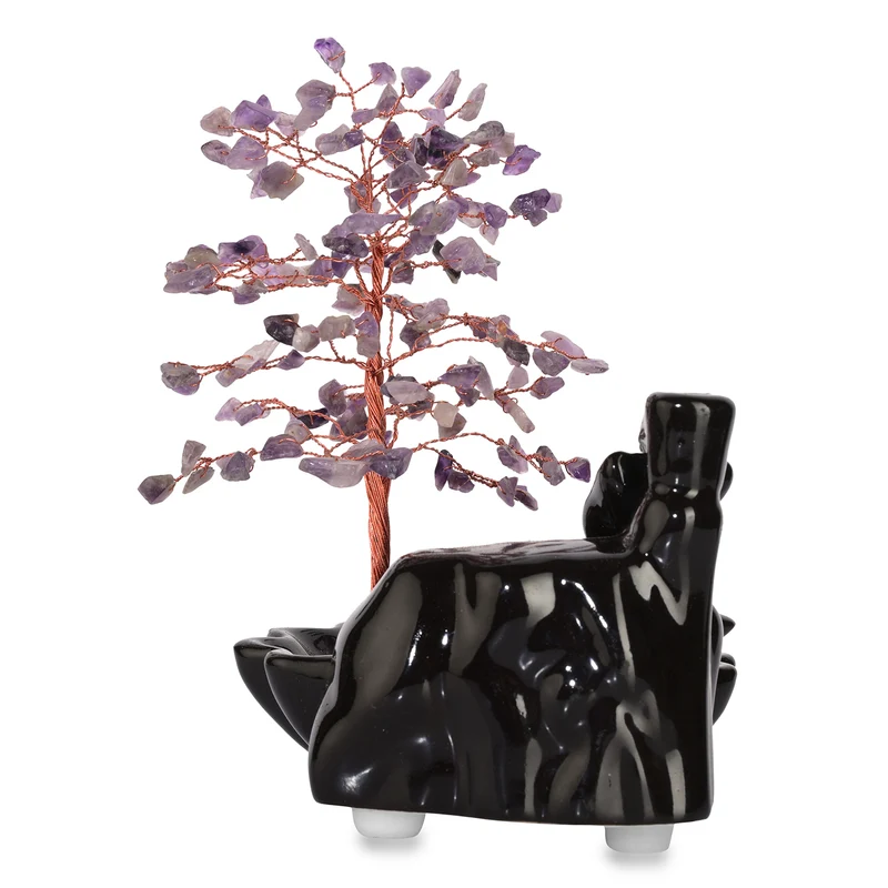 Amethyst Räucherkegelhalter mit Rückfluss Effekt und Kristallbaum, inkl. 30 Räucherkegel, 18 x 10 x 20 cm, Lila