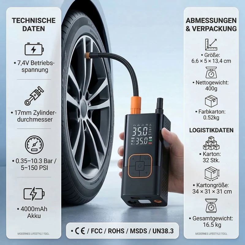 Kabelloser Mini-Luftkompressor 150 PSI, Tragbare Elektrische Luftpumpe 7,4V mit 4000mAh Akku