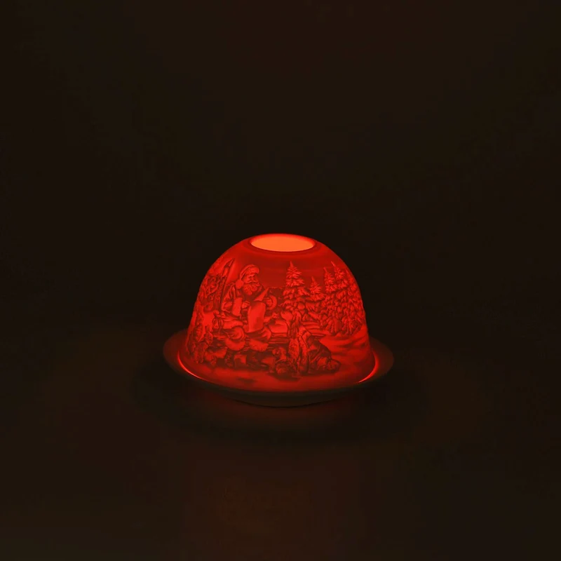 LED-Porzellan-Teelichthalter - Motiv Weihnachtsmann und Schneemann, 13-Farben-LED mit Fernbedienung, Durchmesser 10,5 cm, Höhe 7,5 cm