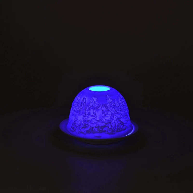LED-Porzellan-Teelichthalter - Motiv Weihnachtsmann und Schneemann, 13-Farben-LED mit Fernbedienung, Durchmesser 10,5 cm, Höhe 7,5 cm