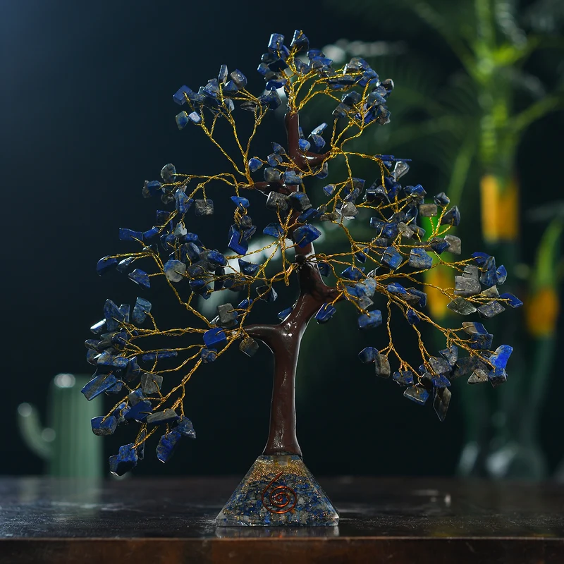 Lapislazuli-Energiebaum mit 230 Edelsteinblättern und Edelsteinpyramidensockel, 23 cm, Lapislazuli