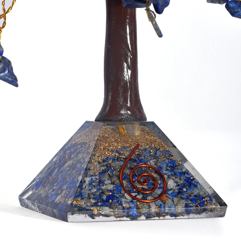 Lapislazuli-Energiebaum mit 230 Edelsteinblättern und Edelsteinpyramidensockel, 23 cm, Lapislazuli