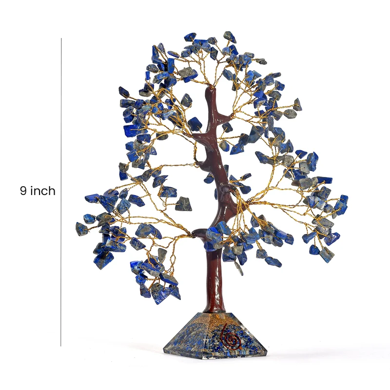 Lapislazuli-Energiebaum mit 230 Edelsteinblättern und Edelsteinpyramidensockel, 23 cm, Lapislazuli