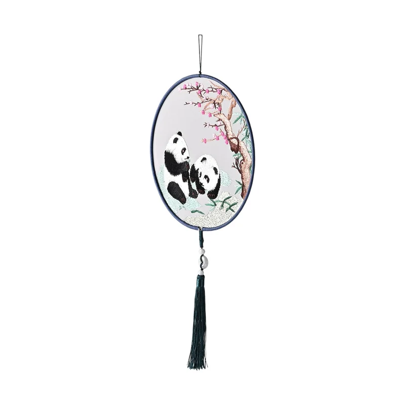 LIVMORE - Handstickerei-Wanddekoration aus 100% Seide mit Jade-Quaste, 20 cm, Panda-Motiv