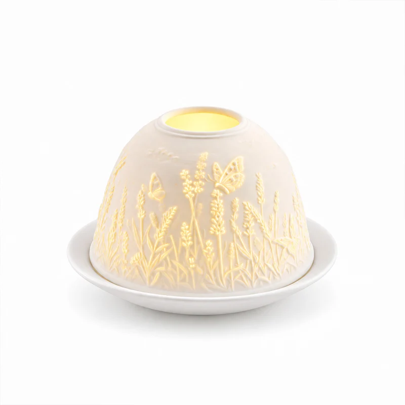 LED-Teelichthalter aus unglasiertem Porzellan mit Löwenmotiv und Fernbedienung, 10,5 x 7,5 cm, Weiß