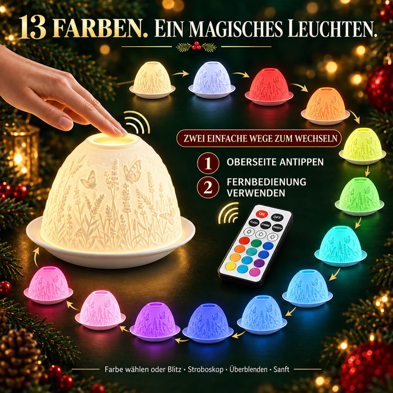 LED-Teelichthalter aus unglasiertem Porzellan mit Löwenmotiv und Fernbedienung, 10,5 x 7,5 cm, Weiß