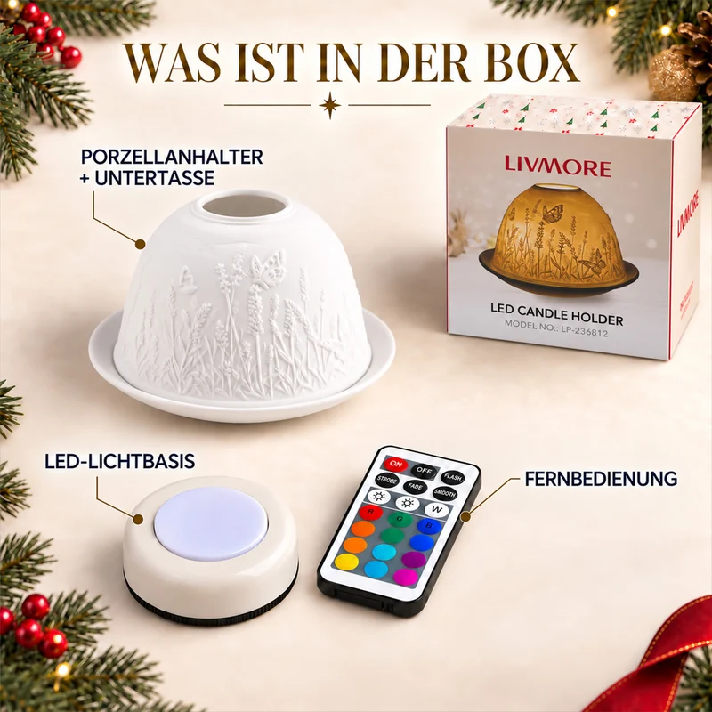 LED-Teelichthalter aus unglasiertem Porzellan mit Löwenmotiv und Fernbedienung, 10,5 x 7,5 cm, Weiß