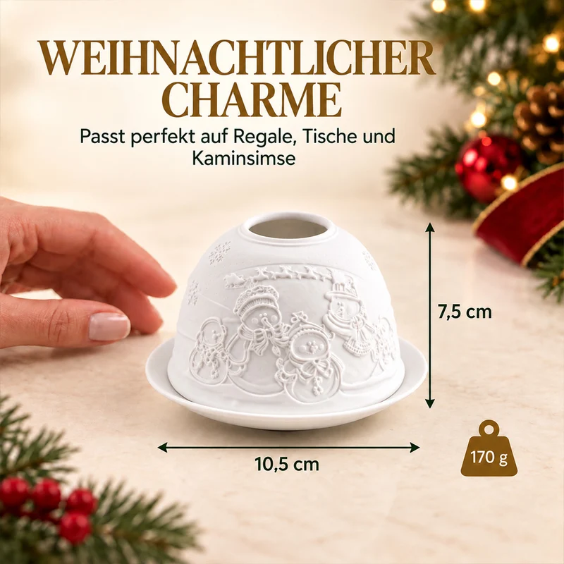 LED-Teelichthalter aus unglasiertem Porzellan mit Löwenmotiv und Fernbedienung, 10,5 x 7,5 cm, Weiß