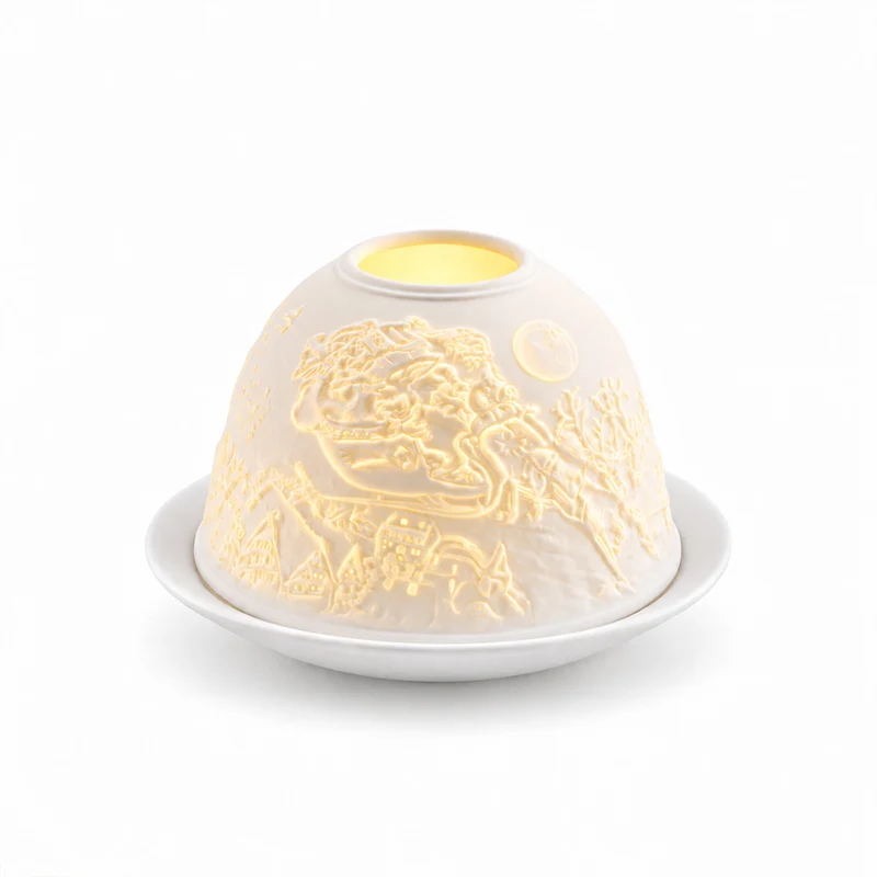 LED-Teelichthalter aus unglasiertem Porzellan mit Löwenmotiv und Fernbedienung, 10,5 x 7,5 cm, Weiß