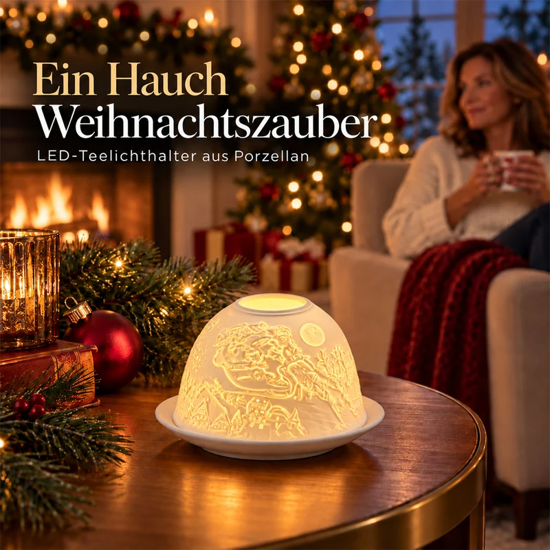 LED-Teelichthalter aus unglasiertem Porzellan mit Löwenmotiv und Fernbedienung, 10,5 x 7,5 cm, Weiß