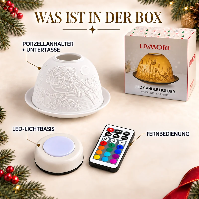 LED-Teelichthalter aus unglasiertem Porzellan mit Löwenmotiv und Fernbedienung, 10,5 x 7,5 cm, Weiß