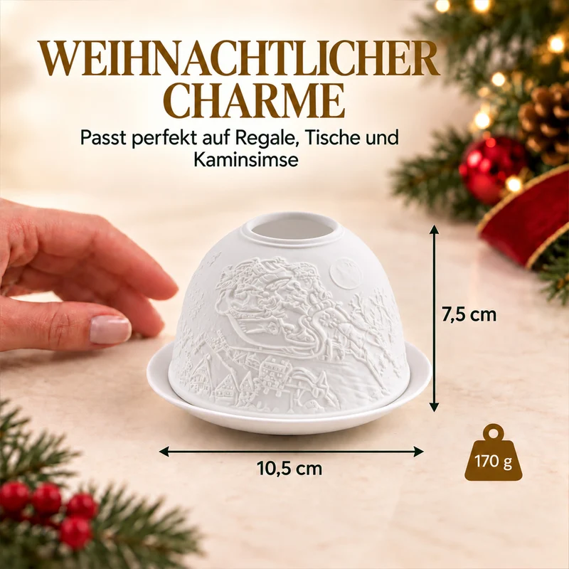 LED-Teelichthalter aus unglasiertem Porzellan mit Löwenmotiv und Fernbedienung, 10,5 x 7,5 cm, Weiß