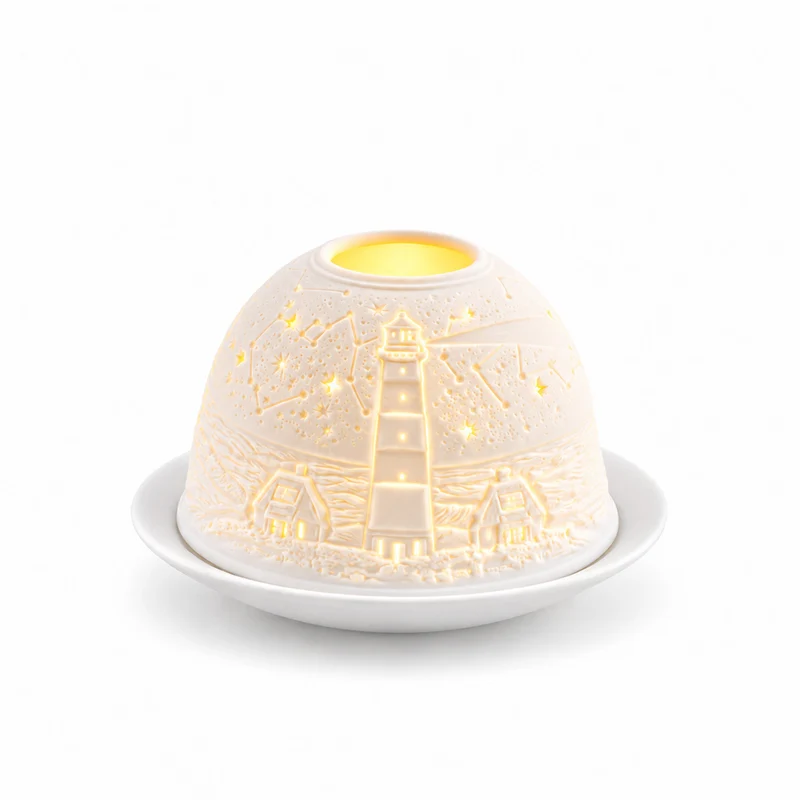 LED-Teelichthalter aus unglasiertem Porzellan mit Löwenmotiv und Fernbedienung, 10,5 x 7,5 cm, Weiß