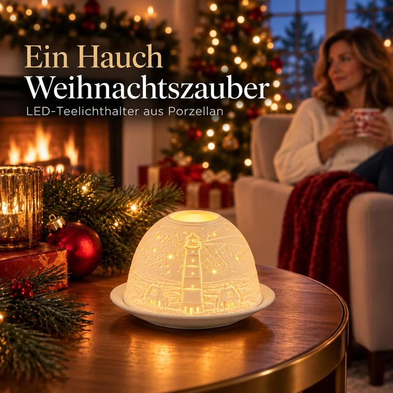 LED-Teelichthalter aus unglasiertem Porzellan mit Löwenmotiv und Fernbedienung, 10,5 x 7,5 cm, Weiß
