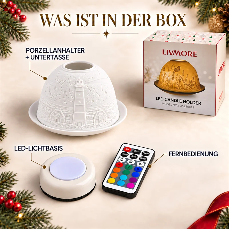 LED-Teelichthalter aus unglasiertem Porzellan mit Löwenmotiv und Fernbedienung, 10,5 x 7,5 cm, Weiß