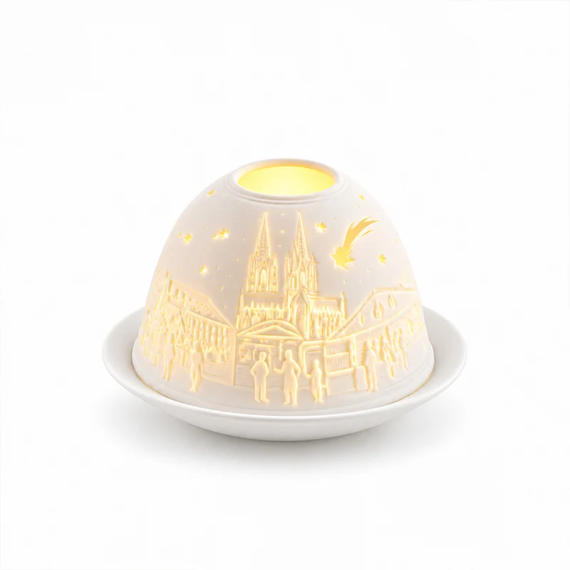 LED-Teelichthalter aus unglasiertem Porzellan mit Löwenmotiv und Fernbedienung, 10,5 x 7,5 cm, Weiß
