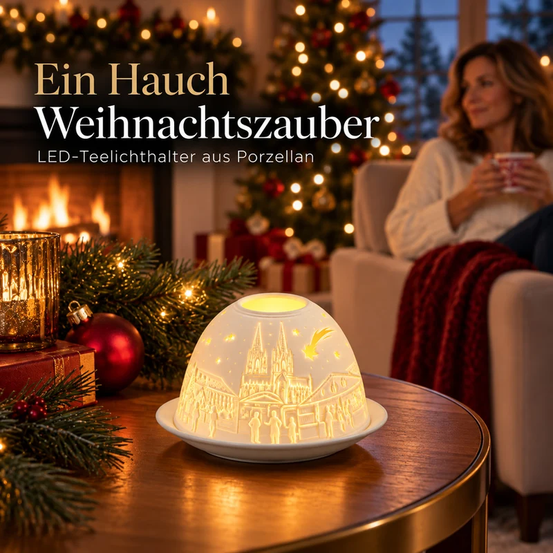 LED-Teelichthalter aus unglasiertem Porzellan mit Löwenmotiv und Fernbedienung, 10,5 x 7,5 cm, Weiß