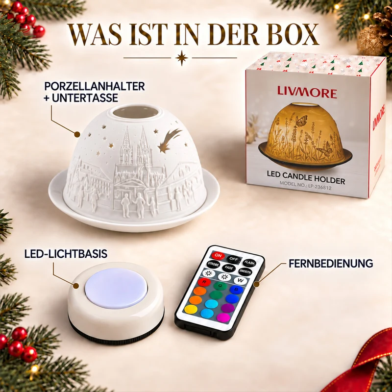 LED-Teelichthalter aus unglasiertem Porzellan mit Löwenmotiv und Fernbedienung, 10,5 x 7,5 cm, Weiß