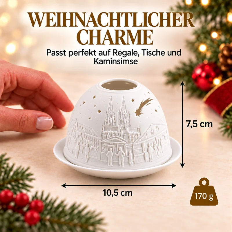 LED-Teelichthalter aus unglasiertem Porzellan mit Löwenmotiv und Fernbedienung, 10,5 x 7,5 cm, Weiß