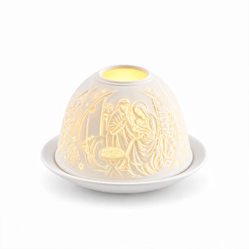 LED-Teelichthalter aus unglasiertem Porzellan mit Löwenmotiv und Fernbedienung, 10,5 x 7,5 cm, Weiß