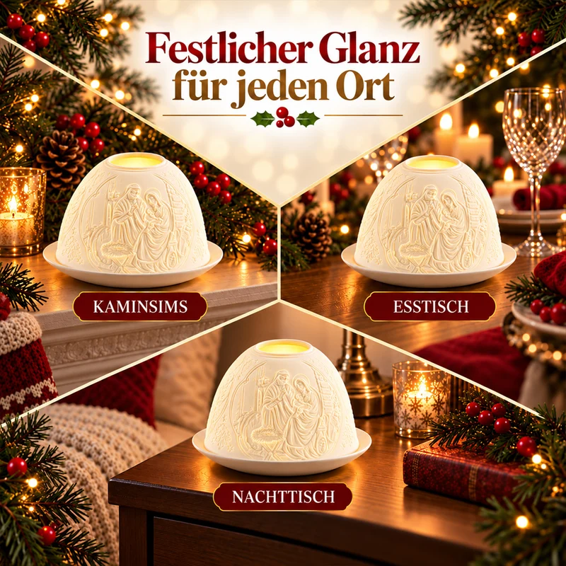 LED-Teelichthalter aus unglasiertem Porzellan mit Löwenmotiv und Fernbedienung, 10,5 x 7,5 cm, Weiß