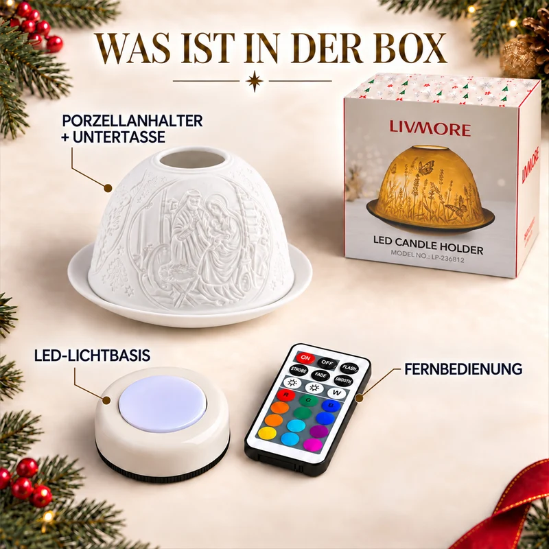 LED-Teelichthalter aus unglasiertem Porzellan mit Löwenmotiv und Fernbedienung, 10,5 x 7,5 cm, Weiß