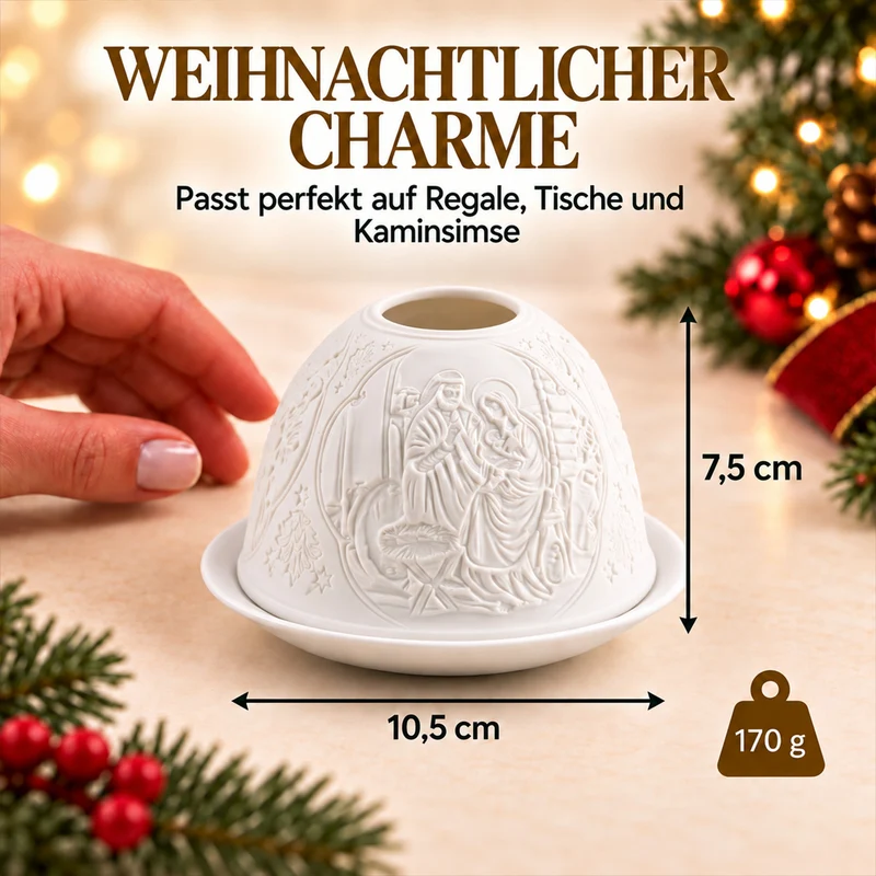 LED-Teelichthalter aus unglasiertem Porzellan mit Löwenmotiv und Fernbedienung, 10,5 x 7,5 cm, Weiß