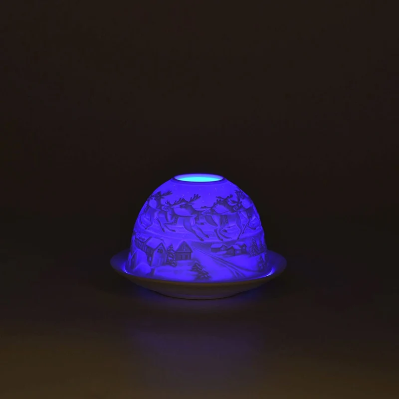 LED-Porzellan-Teelichthalter - Motiv Weihnachtsmann und Rentier, 13-Farben-LED mit Fernbedienung, Durchmesser 10,5 cm, Höhe 7,5 cm