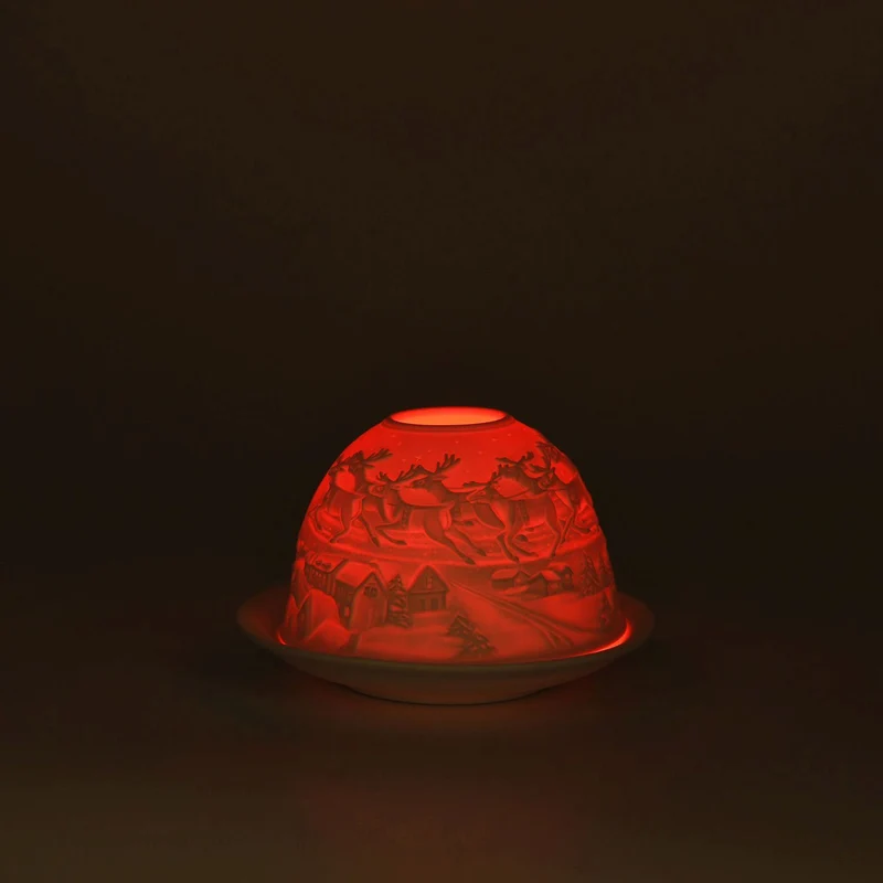 LED-Porzellan-Teelichthalter - Motiv Weihnachtsmann und Rentier, 13-Farben-LED mit Fernbedienung, Durchmesser 10,5 cm, Höhe 7,5 cm