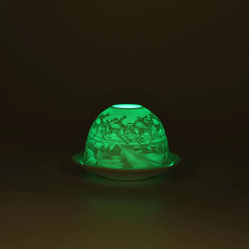 LED-Porzellan-Teelichthalter - Motiv Weihnachtsmann und Rentier, 13-Farben-LED mit Fernbedienung, Durchmesser 10,5 cm, Höhe 7,5 cm