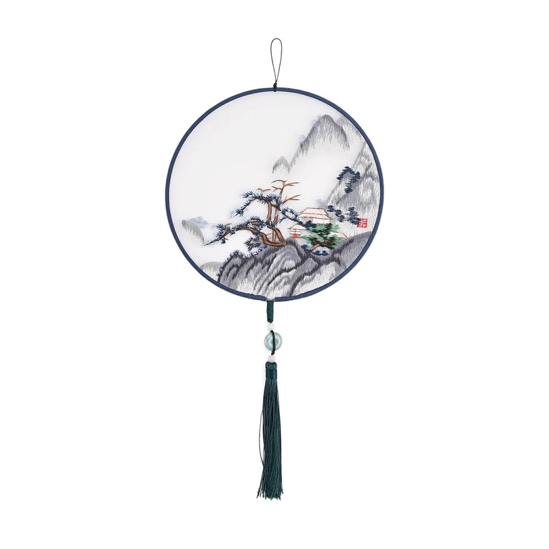 LIVMORE - Handstickerei-Wanddekoration aus 100% Seide mit Jade-Quaste, 20 cm, Berglandschaft-Motiv