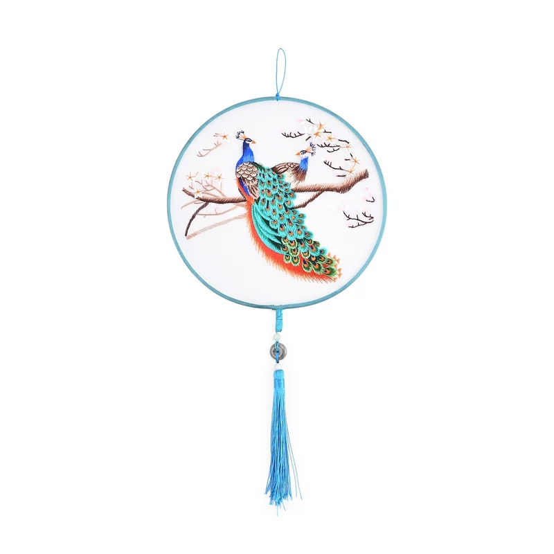 LIVMORE - Handstickerei-Wanddekoration aus 100% Seide mit Jade-Quaste, 20 cm, Pfau-Motiv