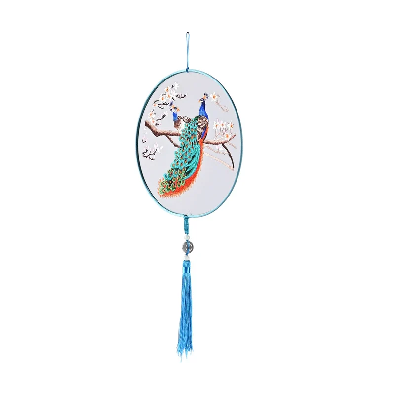 LIVMORE - Handstickerei-Wanddekoration aus 100% Seide mit Jade-Quaste, 20 cm, Pfau-Motiv