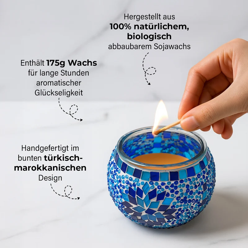 Aromatische Grapefruit-Sojawachs-Duftkerze im handgefertigten Mosaikglas, ca. 10x8 cm