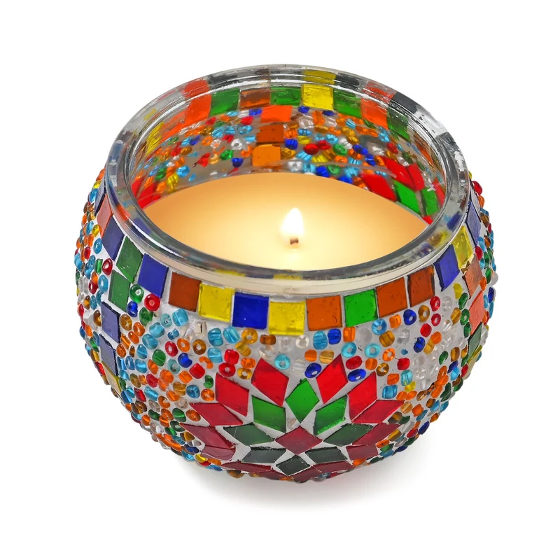 Aromatische Grapefruit-Sojawachs-Duftkerze im handgefertigten Mosaikglas, ca. 10x8 cm