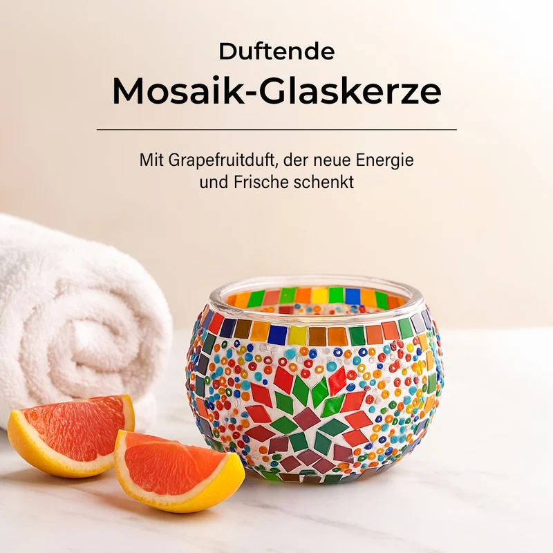 Aromatische Grapefruit-Sojawachs-Duftkerze im handgefertigten Mosaikglas, ca. 10x8 cm