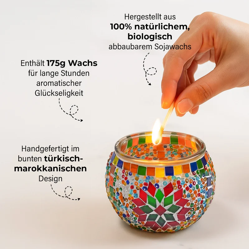 Aromatische Grapefruit-Sojawachs-Duftkerze im handgefertigten Mosaikglas, ca. 10x8 cm