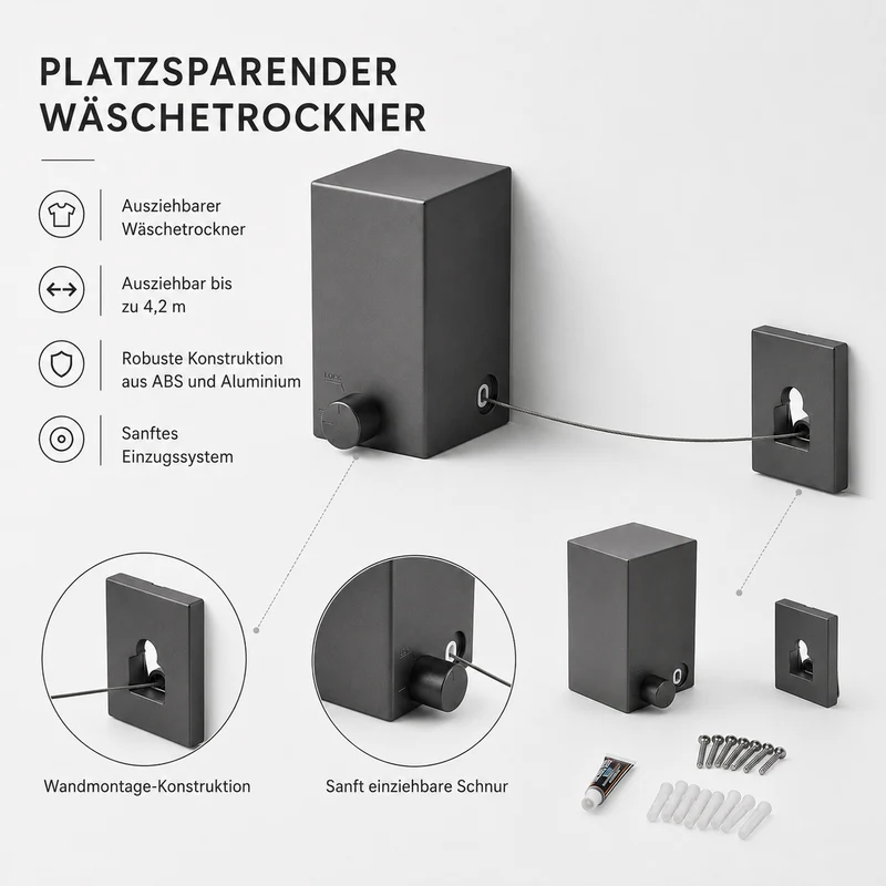 LIVMORE ausziehbare Wäscheleine zur Wandmontage, bis 4,2m, Grau
