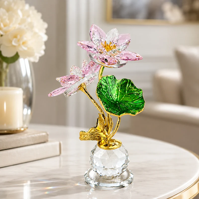 LIVMORE Lotusblüten-Deko aus Glas mit goldfarbenen Metallakzenten, 11x16cm, Gelb