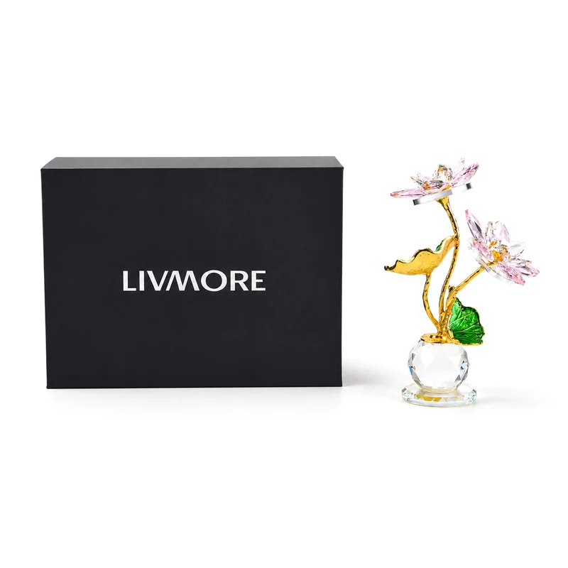 LIVMORE Lotusblüten-Deko aus Glas mit goldfarbenen Metallakzenten, 11x16cm, Gelb