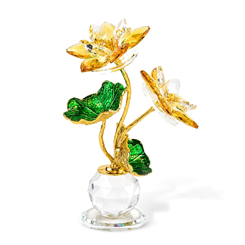 LIVMORE Lotusblüten-Deko aus Glas mit goldfarbenen Metallakzenten, 11x16cm, Gelb