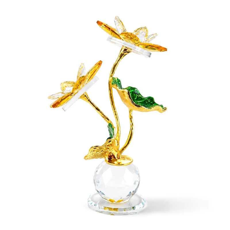 LIVMORE Lotusblüten-Deko aus Glas mit goldfarbenen Metallakzenten, 11x16cm, Gelb