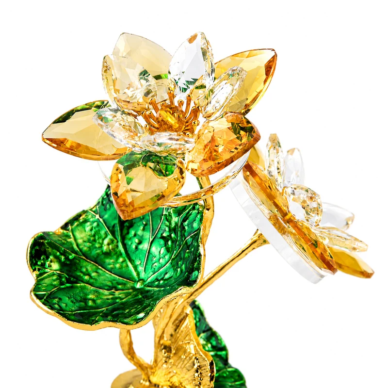 LIVMORE Lotusblüten-Deko aus Glas mit goldfarbenen Metallakzenten, 11x16cm, Gelb