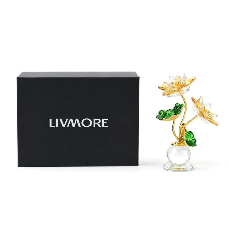 LIVMORE Lotusblüten-Deko aus Glas mit goldfarbenen Metallakzenten, 11x16cm, Gelb