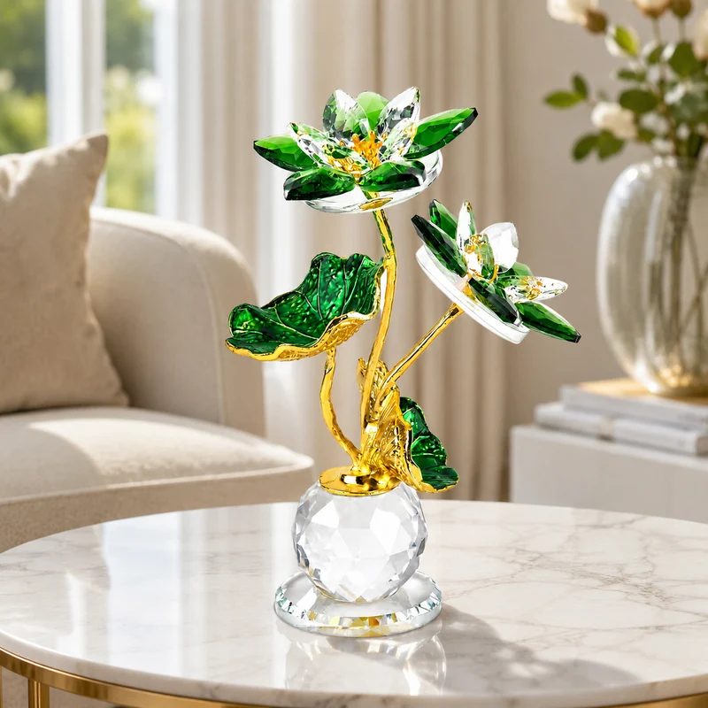 LIVMORE Lotusblüten-Deko aus Glas mit goldfarbenen Metallakzenten, 11x16cm, Gelb