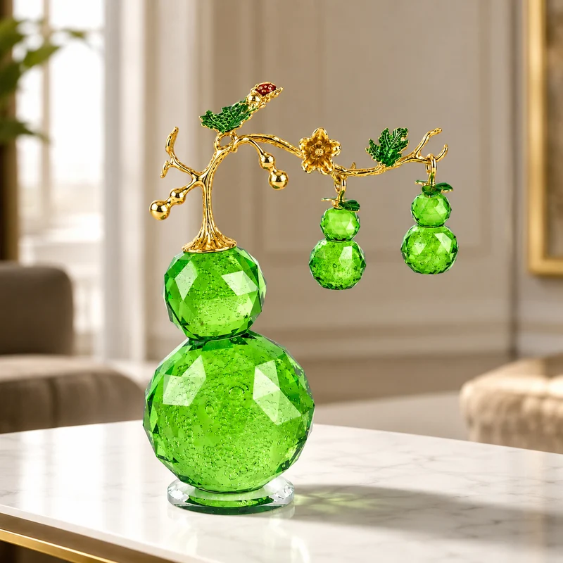 LIVMORE Deko-Ornament mit facettierten Glaskürbissen und goldfarbenem Zierzweig, 20x15cm, Grün