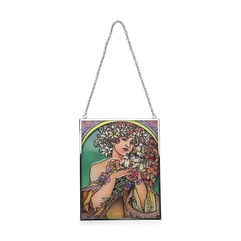 Handbemalter Glas Suncatcher mit Kette, silberfarbenem Rahmen, Alphonse Mucha Motiv Fleur, 12x15 cm