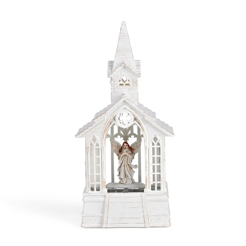 Weihnachts Deko Wasser Lampe Kirche Engel, warmweißes LED, 2 Weihnachtsmelodien, 11 x 7.8 x 23 cm, Weiß, Batteriebetrieb 3 x AAA nicht enthalten